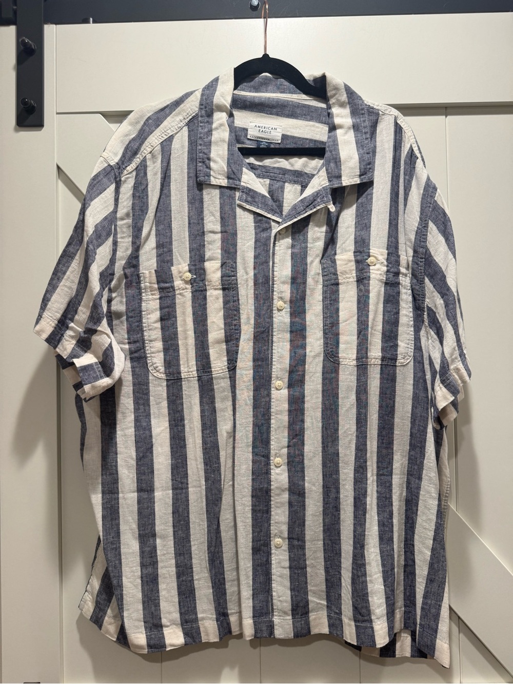American Eagle Outfitters Blue and White Striped Short-Sleeve Button-Up Shirt